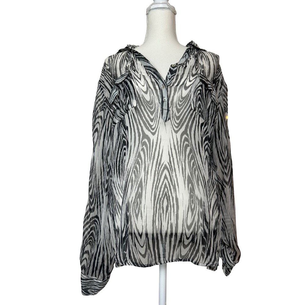 CASUAL‎ STUDIO Sheer Zebra Print Neck Long Sleeve Button Up Blouse Top Women's L